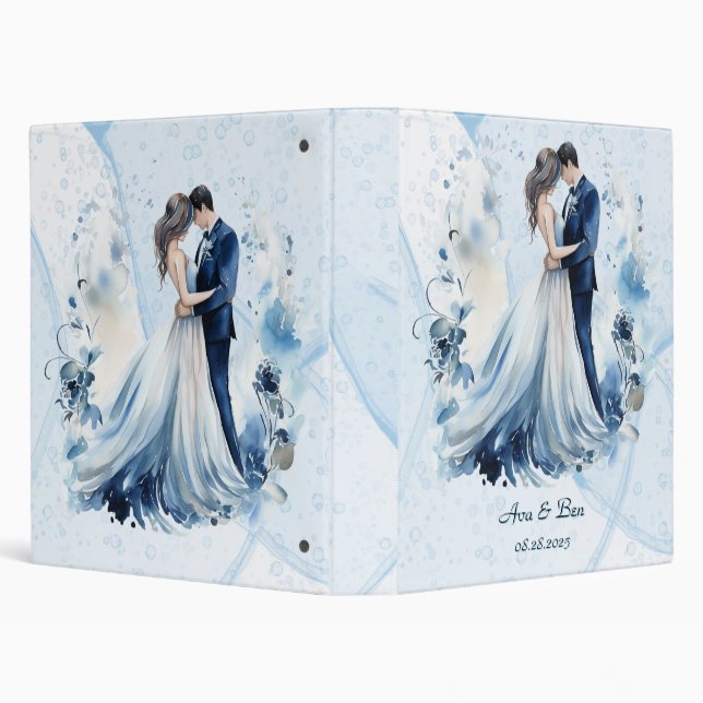 Dusty Blue Alcohol Ink Bride & Groom Wedding 3 Ring Binder (Background)