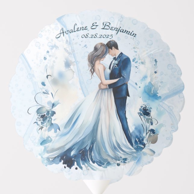 Dusty Blue Alcohol Ink Bride & Groom Wedding Balloon (Front)