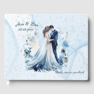 Dusty Blue Alcohol Ink Bride & Groom Wedding Guest Book