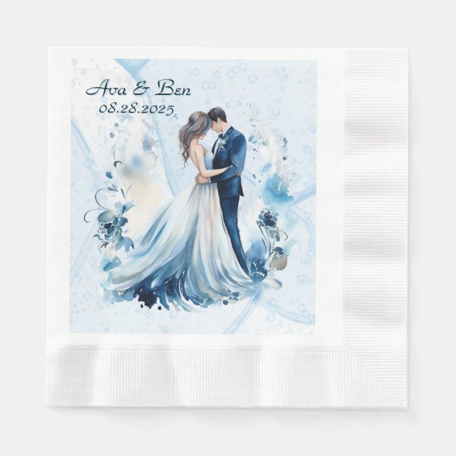 Dusty Blue Alcohol Ink Bride & Groom Wedding Napkins (Front)