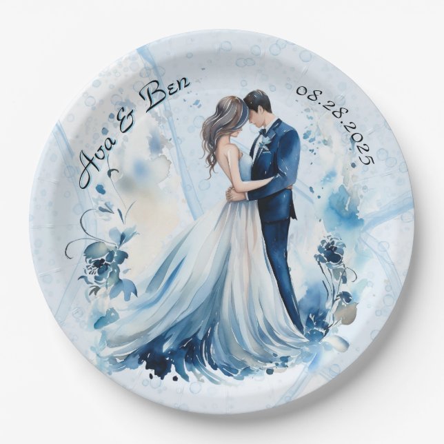 Dusty Blue Alcohol Ink Bride & Groom Wedding Paper Plates (Front)