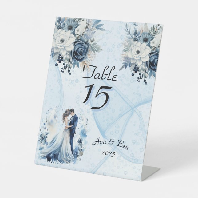 Dusty Blue Alcohol Ink Bride & Groom Wedding Pedestal Sign (Front)