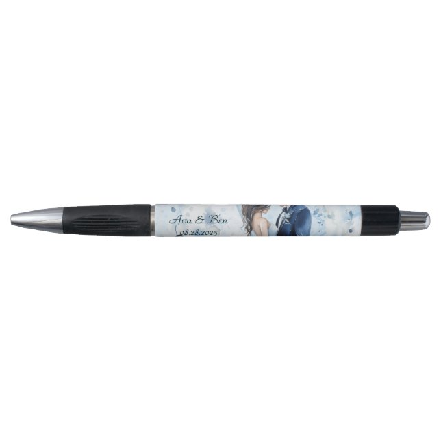 Dusty Blue Alcohol Ink Bride & Groom Wedding Pen (Front)