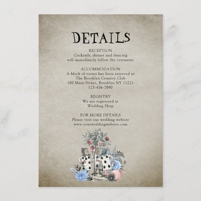 Dusty Blue Alice in Wonderland Wedding Details Enclosure Card (Front)