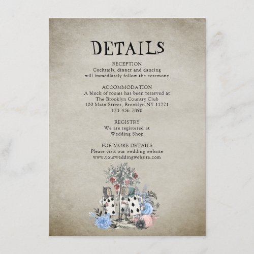 Dusty Blue Alice in Wonderland Wedding Details Enclosure Card