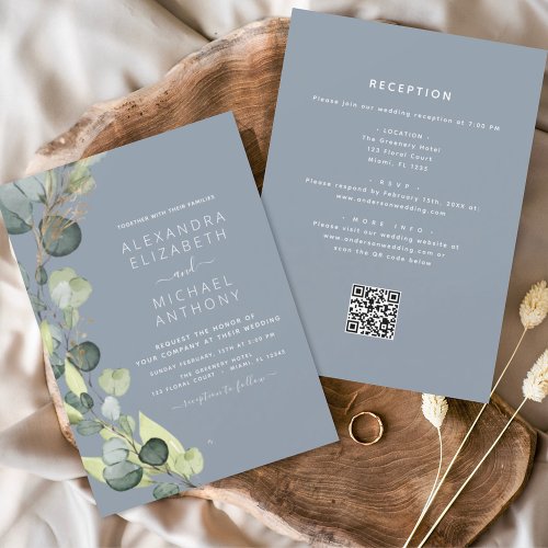 Dusty Blue All in One Eucalyptus QR Code Wedding Invitation