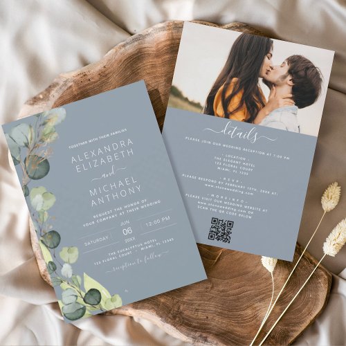 Dusty Blue All in One Eucalyptus QR Code Wedding Invitation