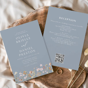 Dusty Blue All in One Wildflower QR Code Wedding Invitation
