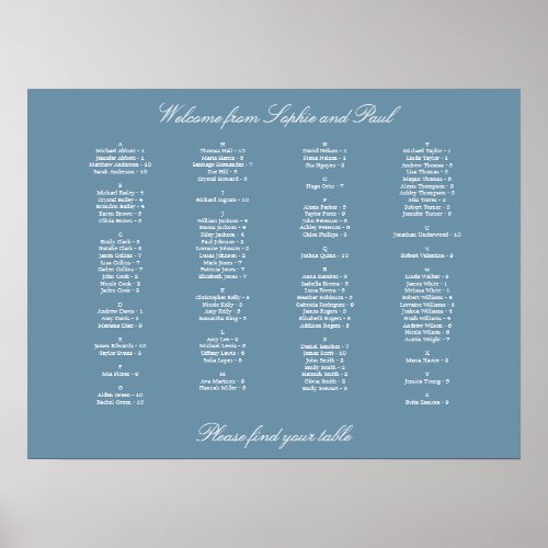 Dusty Blue Alphabetical Seating Chart Poster
