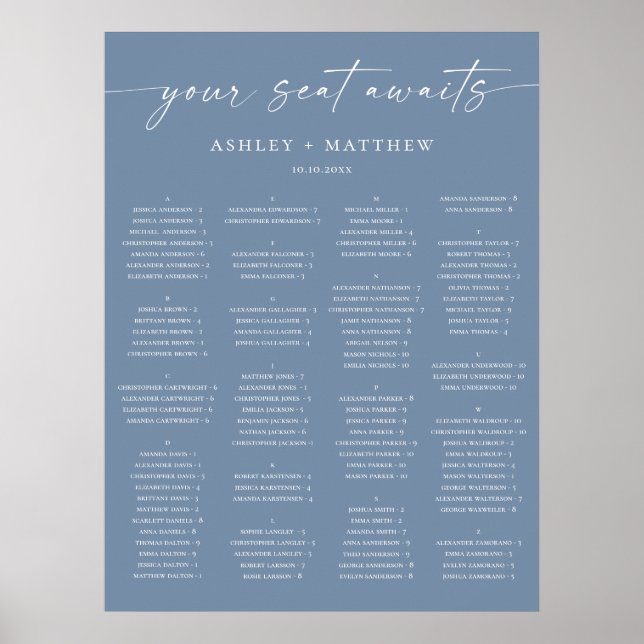 Dusty Blue Alphabetical Wedding Seating Chart (Front)