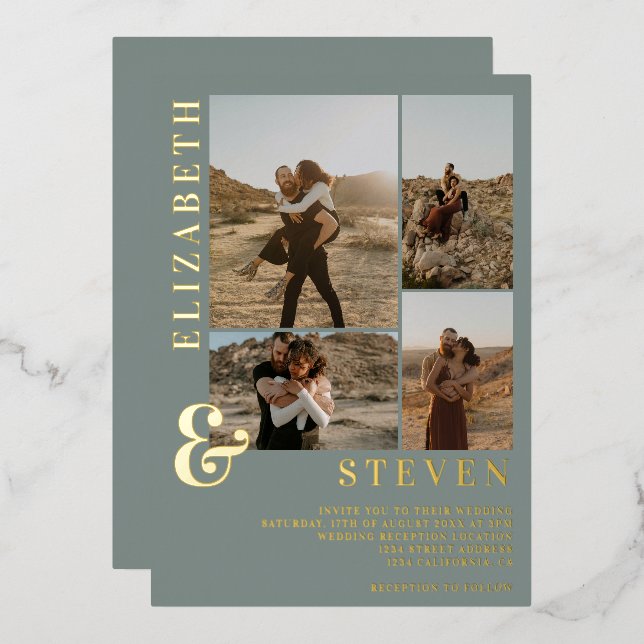 Dusty blue ampersand 4 photo grid wedding gold foil invitation (Front/Back)