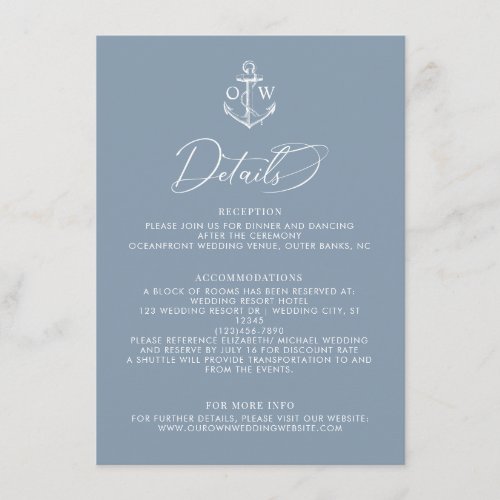 Dusty Blue Anchor Nautical Wedding Details Enclosure Card