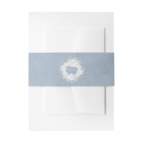 Dusty Blue and Babys Breath Floral Wreath Invitation Belly Band