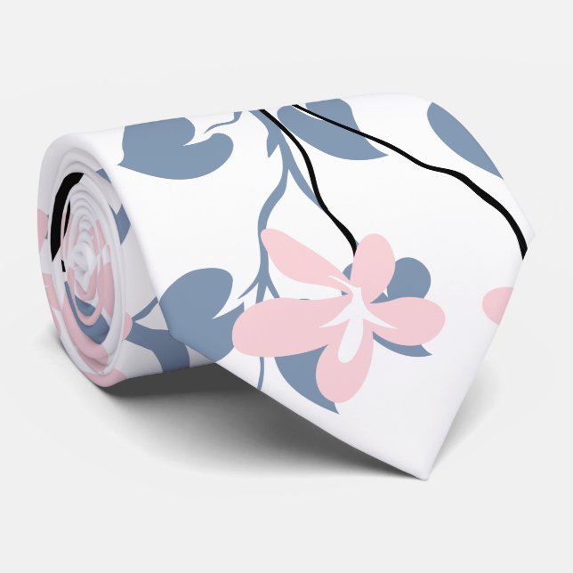 Dusty blue and black branch, blush pink flowers neck tie (Rolled)