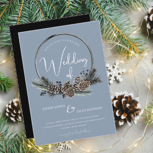 Dusty Blue and Black Christmas Wreath Wedding Invitation
