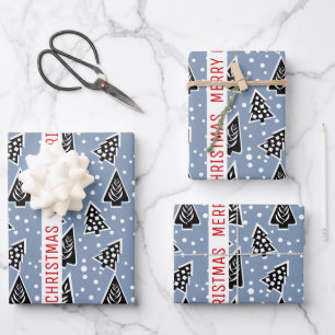 Dusty blue and black Merry Christmas trees holiday Wrapping Paper Sheets