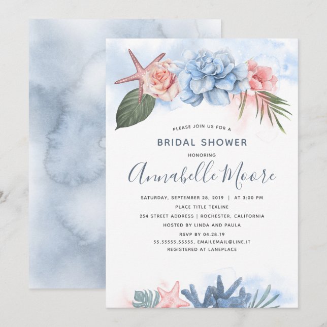 Dusty Blue and Blush Beach Bridal Shower Invitation (Front/Back)