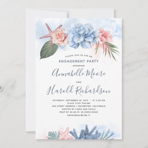 Dusty Blue and Blush Beach Engagement Party Invitation