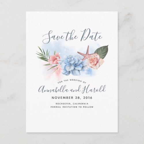 Dusty Blue and Blush Beach Save the Date Announcement Postcard