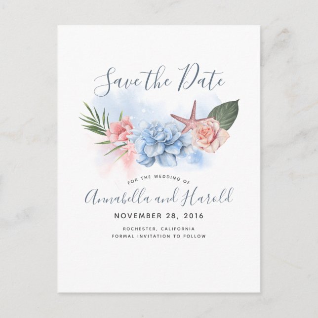Dusty Blue and Blush Beach Save the Date Announcement Postcard (Front)