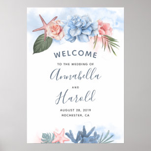 Dusty Blue and Blush Beach Wedding Welcome Poster