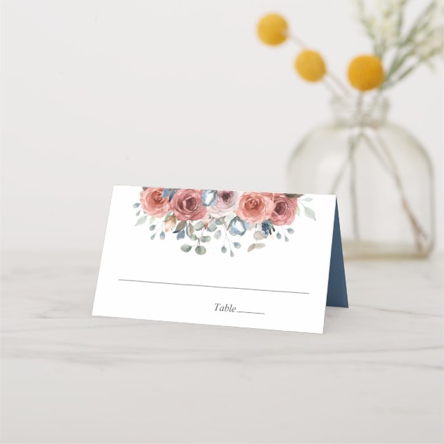 Dusty Blue and Blush Blissful Floral, Wedding Place Card (Front)