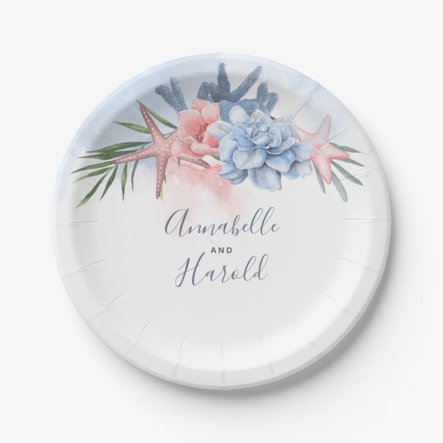 Dusty Blue and Blush Destination Beach Wedding Paper Plates (Front)