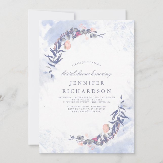 Dusty Blue and Blush Floral Bridal Shower Invitation (Front)