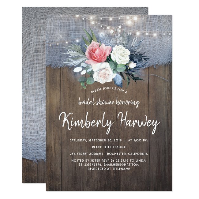 Dusty Blue and Blush Floral Rustic Bridal Shower Invitation