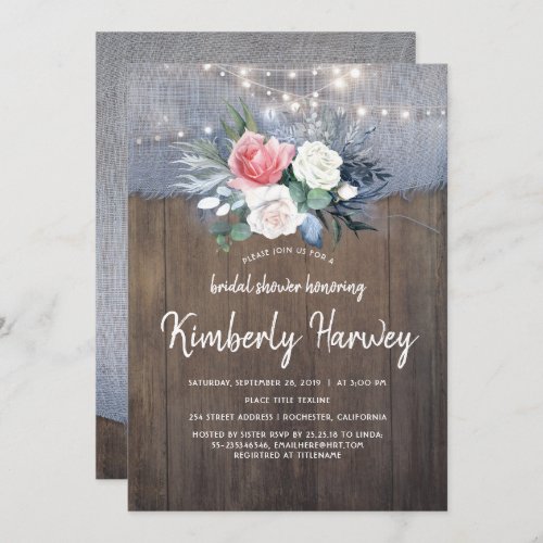 Dusty Blue and Blush Floral Rustic Bridal Shower Invitation