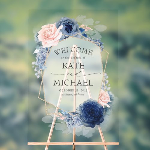 Dusty Blue and Blush Floral Wedding Welcome Acrylic Sign