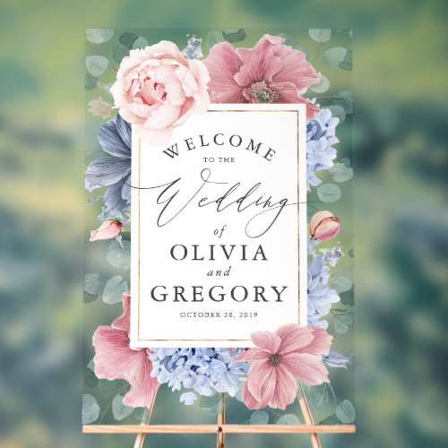 Dusty Blue and Blush Floral Wedding Welcome Acrylic Sign