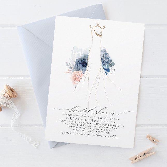 Dusty Blue and Blush Flowers Dress Bridal Shower Invitation