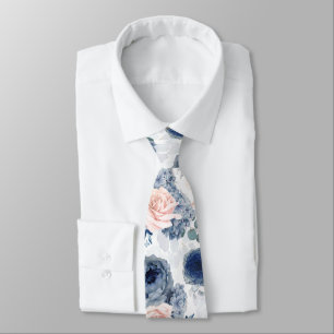 Dusty Blue and Blush Pink Floral Elegant Botanical Neck Tie