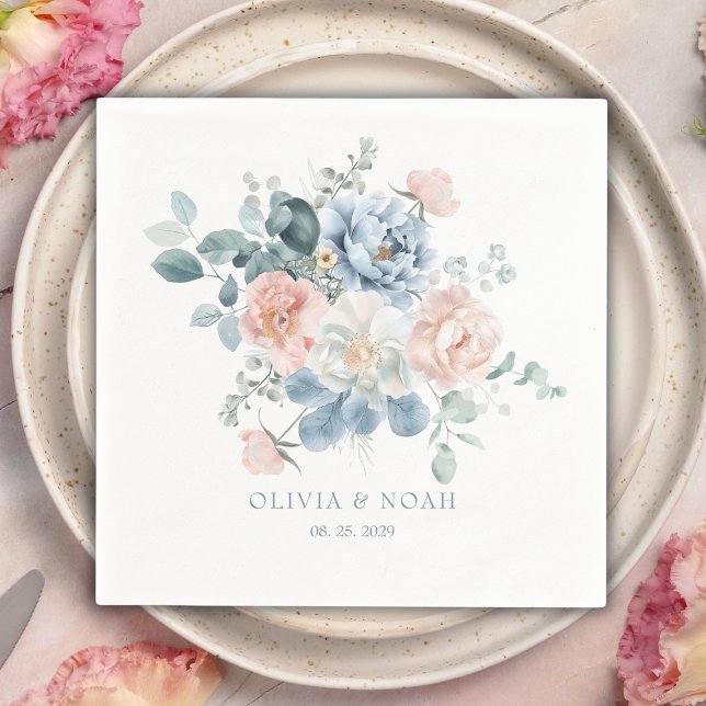 Dusty Blue and Blush Pink Floral Garden Wedding Napkins (Creator Uploaded)