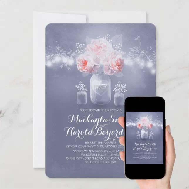 Dusty Blue And Blush Pink Floral Mason Jar Wedding Invitation Zazzle