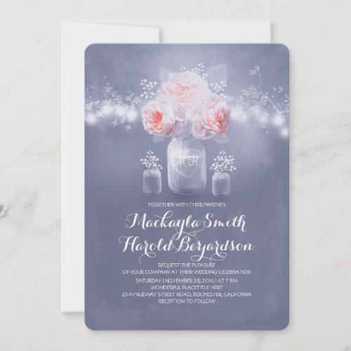 Dusty Blue and Blush Pink Floral Mason Jar Wedding Invitation