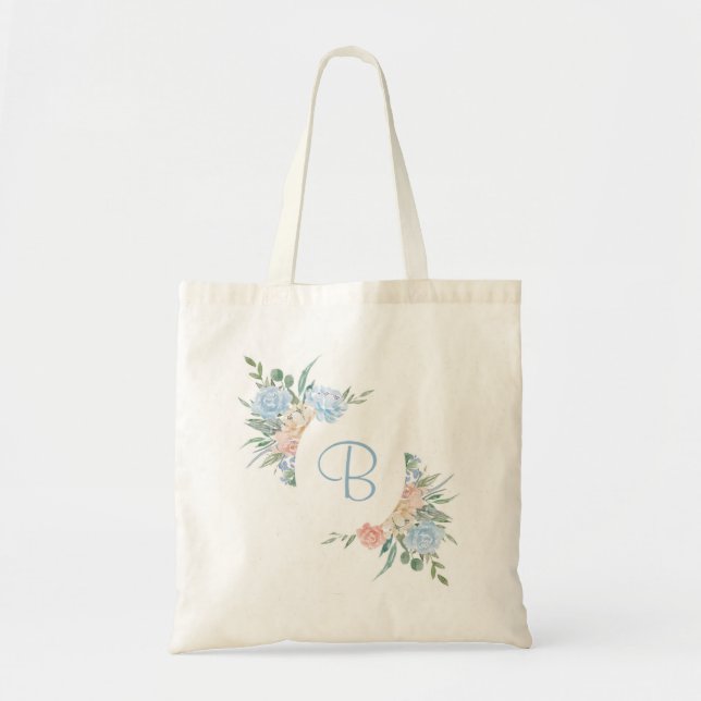 Dusty blue and blush pink floral personalized tote bag (Front)