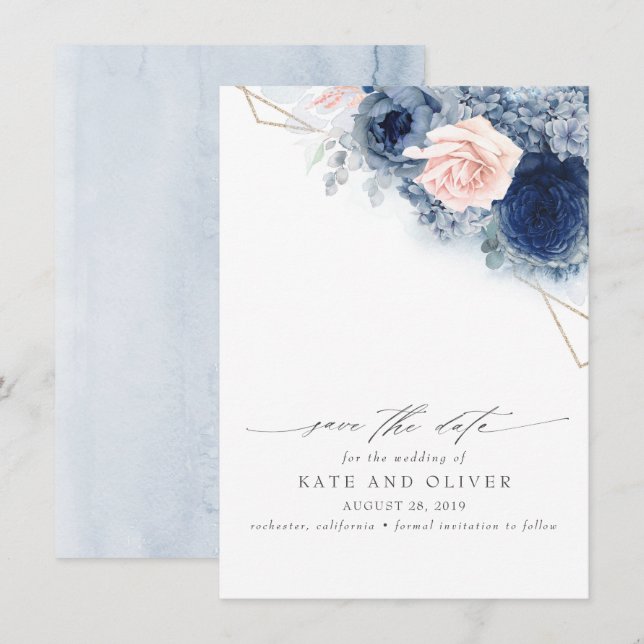 Dusty Blue and Blush Pink Floral Save the Date Announcement (Front/Back)