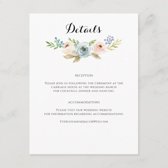 Dusty Blue and Blush Pink Floral Wedding Enclosure Card (Front)