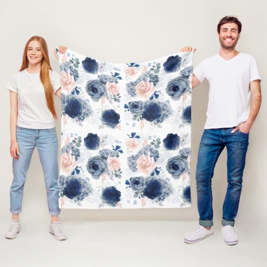 Dusty Blue and Blush Pink Flowers Elegant Stylish Fleece Blanket