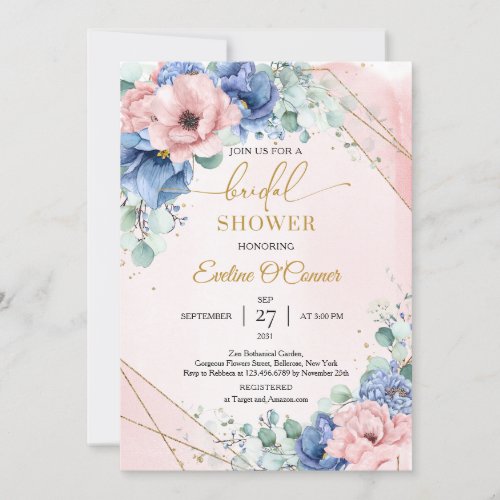 Dusty blue and blush pink flowers gold frame invitation