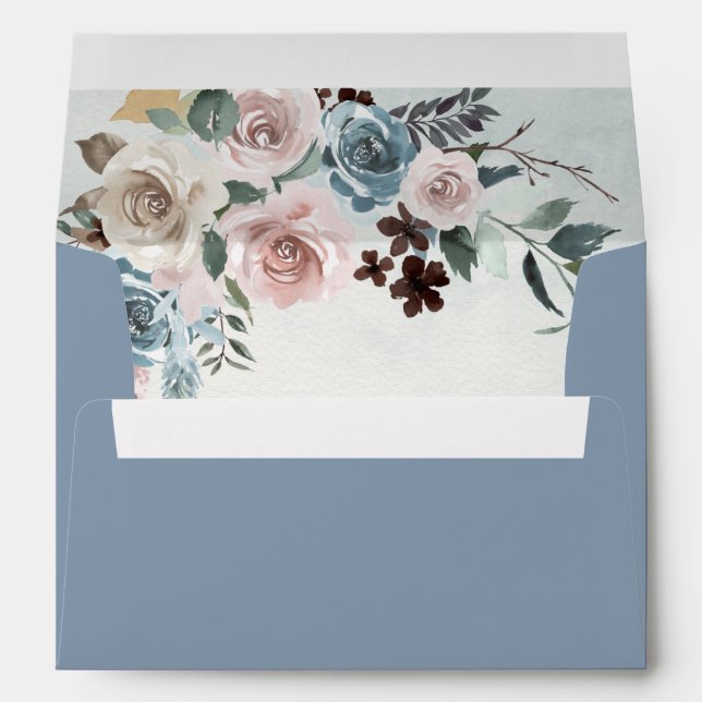 Dusty Blue and Blush Pink Mauve Floral Wedding Envelope (Back (Bottom))