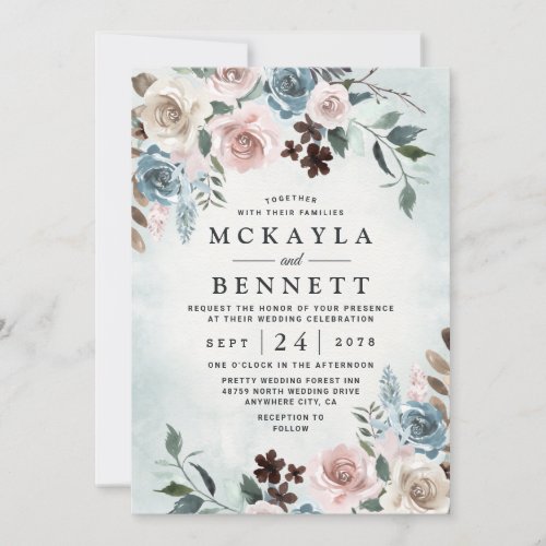 Dusty Blue and Blush Pink Mauve Floral Wedding Invitation