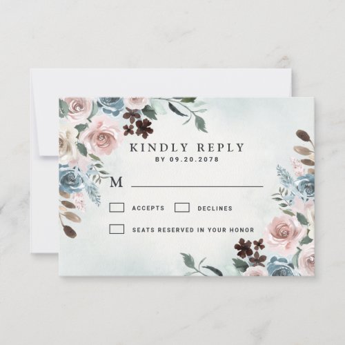 Dusty Blue and Blush Pink Mauve Floral Wedding RSVP Card
