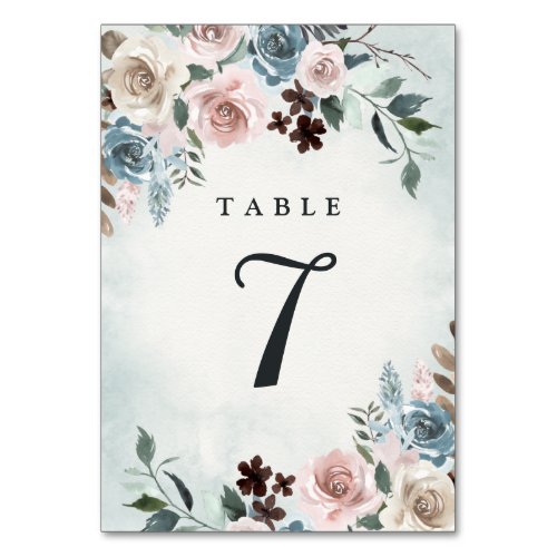 Dusty Blue and Blush Pink Mauve Floral Wedding Table Number