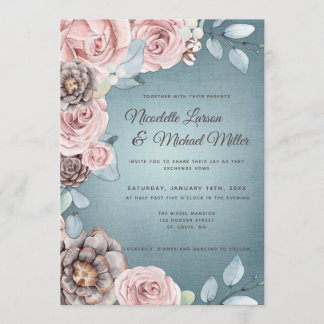 Dusty Blue and Blush Pink Woodland Wedding Invitation