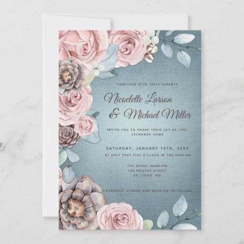 Dusty Blue and Blush Pink Woodland Wedding Invitation