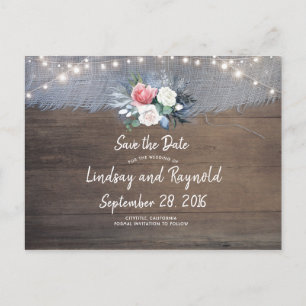 Dusty Blue and Blush Rustic Country Save the Date Announcement Postcard