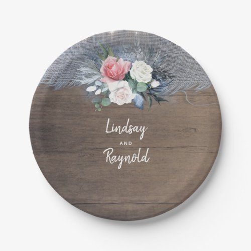 Dusty Blue and Blush Rustic Country Wedding Paper Plates